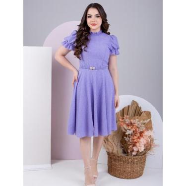 Imagem de Vestido Midi Rodado Godê com cinto de perolas manga curta e gola alta 