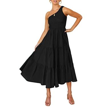 Imagem de ZESICA Vestido midi longo feminino boêmio de verão 2025 com estampa floral de um ombro só, sem mangas, franzido, babados, em camadas, Preto, G
