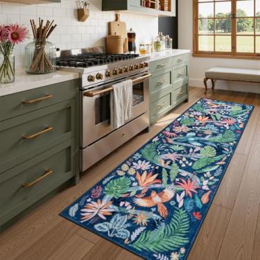 Imagem de Uphome Tapete de corredor de cozinha floral, 5,5 x 15,5 cm, lavável, para corredor, antiderrapante, tapete de entrada macio, camada baixa, tapete botânico vintage para corredores, quarto, banheiro,