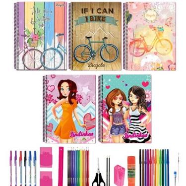 Imagem de Kit 5 Caderno Capa Dura Tamanho Grande A4 Arame Com 40 Materiais Escol