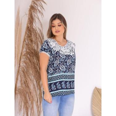 Imagem de Camiseta Blusa Feminina Estampada de Manga Curta com Renda e Viscose P