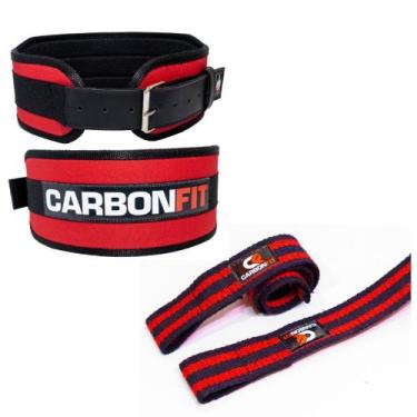 Imagem de Kit musculação fitness cinto e strap carbonfit-x, Vermelho, PP