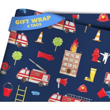 Imagem de Otter Dotter Caminhões de bombeiros | Papel de embrulho infantil com design de motor de bombeiros | Embrulho de presente para meninos | Caminhão de bombeiros azul (2 folhas)