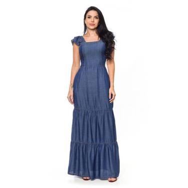 Imagem de Vestido Evangélico  Longo Jeans Sarja Sem Manga - Restrito Jeans, 48, 