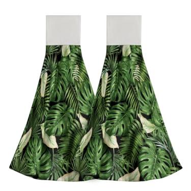 Imagem de Giwawa Toalha de mão de cozinha de folha de palmeira tropical, folhas de Monstera verde havaiano, conjunto de 2 toalhas de gancho penduradas, prato absorvente, barra de chá, toalha de banho para