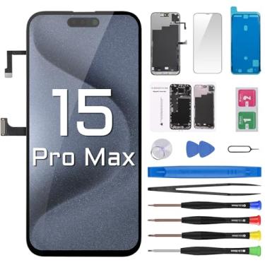Imagem de Risidamoy Substituição de tela para iPhone 15 Pro Max com cabo flexível para fone de ouvido, sensor de luz ambiente, visor LCD sensível ao toque, digitalizador, conjunto completo com kits de