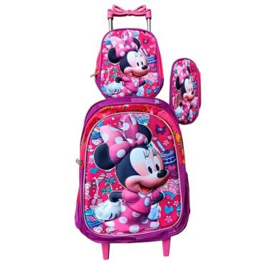 Imagem de Kit Mochila Minniee em 3D com Rodinhas Infantil + Lancheira Térmica + Estojo Escolar em Alto Relevo