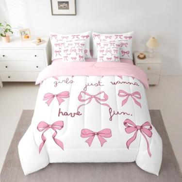 Imagem de jejeloiu Conjunto de edredom feminino rosa com laço em uma bolsa, estilo princesa, sonhador, para meninos e meninas, rosa, conjunto de cama de 7 peças, leve, kawaii, tamanho casal