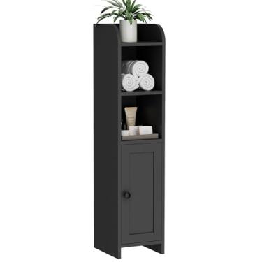 Imagem de Homhedy Armário pequeno de canto de armazenamento de banheiro com porta e prateleiras, ao lado do suporte de papel higiênico para armário de papel higiênico estreito, 20 cm P x 18 cm L x 79 cm A