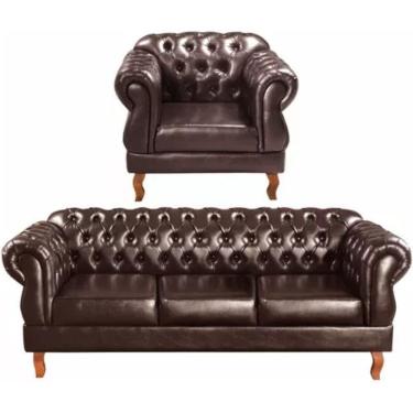 Imagem de Conjunto Sofá 3 Lugares E Poltrona Chesterfield Luís Xv Vintage Retrô Capitonê Couro Marrom