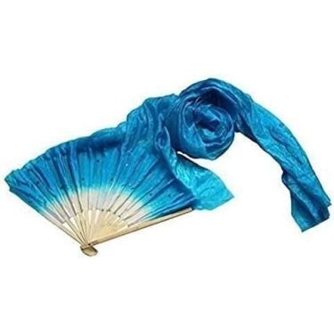 Imagem de Leque de seda de dança, fã de dança do ventre 1,8 m feito à mão colorido dança do ventre leques de seda longos véus fã de dança do ventre fantasias acessórios (azul)