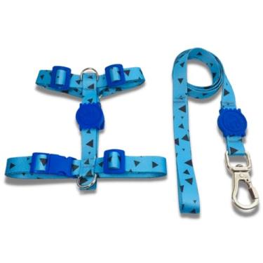 Imagem de Coleira Peitoral Tipo H para Cães - Anti-Puxão com Guia de 1,10m | Varias Estampas (Azul c/Triângulos,G)