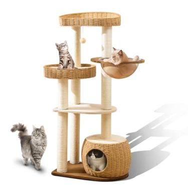 Imagem de Árvore de gato grande para gatos grandes - torre multigatos com sisal natural e cesta tecida à mão, base extra resistente, poleiro respirável - móveis rústicos de madeira para gatos em ambientes