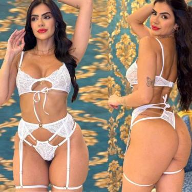 Imagem de Lingerie Conjunto Sensual Com Cinta Liga Sem Bojo Sem Aro Calcinha Fio