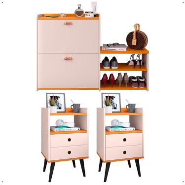 Imagem de Kit Quarto 2 Mesas Cabeceira Nicho Gavetas Organizadora Retrô Sapateira Vertical Banco Lateral 21 Pares Calçados - Lojas RPM