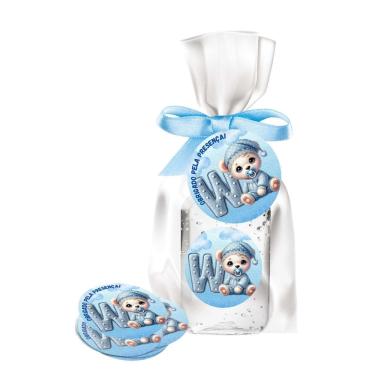 Imagem de kit 25 Lembrancinhas Alcool Gel Ursinho Azul Maternidade e Chá De Bebê 30ml Aroma de Bebê