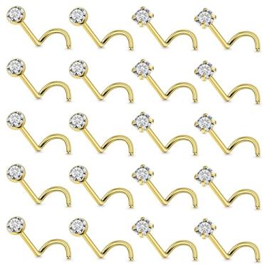 Imagem de Vsnnsns Anéis de nariz preenchidos com ouro 14K, 18G, 20G, 22G, joia feminina de aço cirúrgico 316L em forma de L, anel de nariz ósseo, piercing de narina, joias, diamante, zircônia cúbica, prata e
