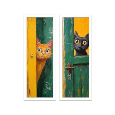 Imagem de Kit 2 quadros 18x45 cm banheiro, lavabo, gatos espiões vidro (Brancas)
