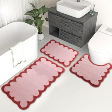 Imagem de Urltmaji Conjunto de tapetes de banheiro recortados com 3 peças, conjunto de tapetes de banheiro fofos antiderrapantes com contorno em forma de U de microfibra de secagem rápida, tapete de banheiro