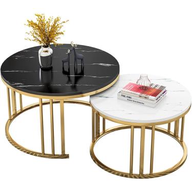 Imagem de Conjunto De Mesa De Café Aninhada, 2pcs Mesa De Cabeceira Redonda Para Móveis, Mesa De Café Com Tampo De Mármore Falso, Mesa Lateral De Sofá Com Estrutura De Metal Para Canto Econ, A