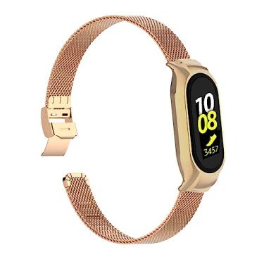 Imagem de Gheper Pulseira de relógio de metal compatível com Samsung Galaxy Fit2 SM-R220 de aço inoxidável, moldura protetora, design de pulseira de malha, acessório de reposição para smartwatch para mulheres e