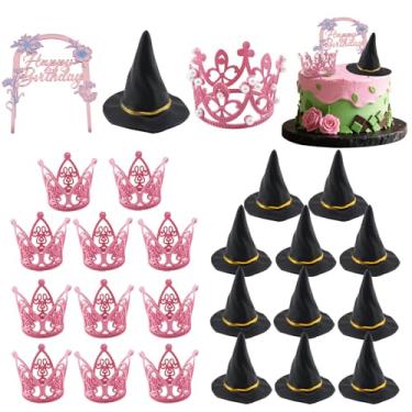 Imagem de 25 Pcs Witch Hat and Crown Cake Topper, Black Mini Witch Hats Pink Pearl Crown Decorations, Wicked Theme Party Favors, for Princess Birthday Royal Themed Bridal Wedding Baby Shower Party Supplies