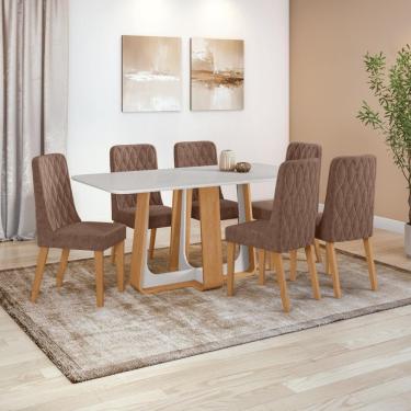 Imagem de Conjunto Sala de Jantar Mesa Easy Pop 170x90cm Tampo Vidro/MDF com 6 Cadeiras Seat Couro Morano Avelã Amendoa/Off White