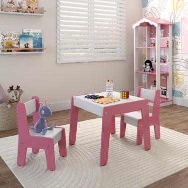 Imagem de Conjunto de Mesa Infantil com 2 cadeiras MDF Helena Branco Rosa