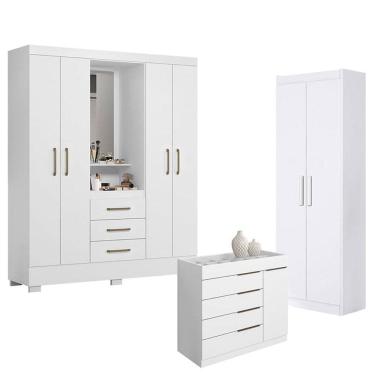 Imagem de Guarda Roupa Solteiro Paris 2045150 com Armário Multiuso 2 Portas 2000191 e Cômoda Sapateira Sevilha 2004147 Branco - Aramóveis