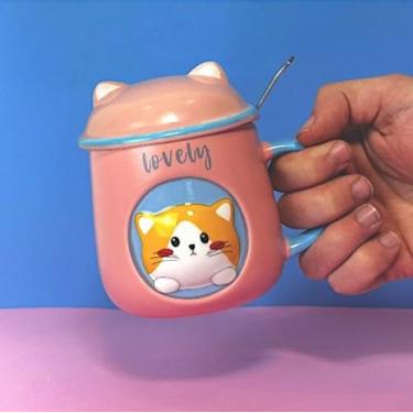 Imagem de Caneca Porcelana 3D com Tampa e Colher Gatinho Rosa