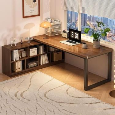 Imagem de Mesa De Computador, Vaity Desk, Mesas De Cabeceira, Em Forma De L Com Armazenamento, Mesa De Corer Com Prateleiras De Armazenamento De 2 Níveis, Casa Reversíve, Wood, 140x120x75cm(55x47x30inch)