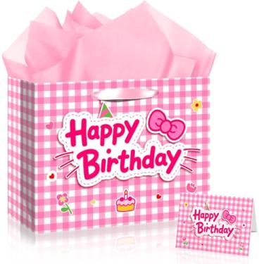 Imagem de Sacos de presente de aniversário rosa para meninas, com cartão de felicitações fofo e papel de seda para festa, bolsa de lembrancinhas de festa de gato, bolsa de desenho animado para chá de bebê