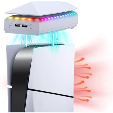 Imagem de Ventilador de resfriamento para console PS5 Slim com tampa contra poeira, luz RGB colorida, refrigerador de absorção silenciosa ajustável de 3 velocidades com 2 portas USB. (Branco)