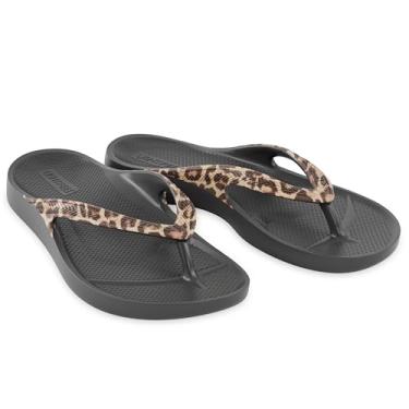 Imagem de LightFeet Chinelo feminino com suporte de arco para fascite plantar estampa de leopardo, Preto, 37