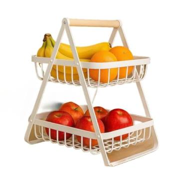 Imagem de Fruteira de Mesa 2 Andares Ferro e Bambu para Café da Manhã Multiuso de Metal Preto Cesto Organizdor(2 ANDARES MODERNA BRANCO 30x18)