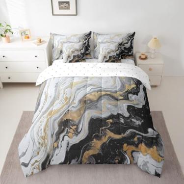 Imagem de Erosebridal Conjunto de edredom de mármore, 7 peças, Queen, com tinta fluida, moderna, arte marmorizada, para crianças, conjunto de cama abstrata, líquido, preto, cinza, dourado