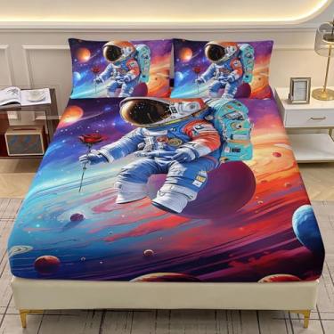 Imagem de AILONEN Jogo de lençol solteiro de astronauta, tamanho GG, galáxia, espaço sideral, para crianças, 3 peças, planetas sonhadores, rosa, desenho animado de astronauta, lençol com elástico e 2 fronhas