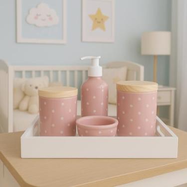 Imagem de Kit Higiene poá Bebê em Porcelana, Bandeja Branca, 4 Peças, Potes com Tampa de Madeira, Dispenser, Porta Algodão, Decorativo para Quarto Infantil (Rosa de Poa Branco)