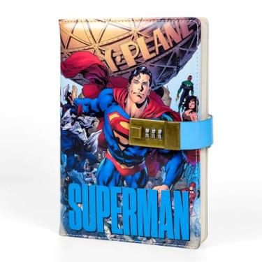 Imagem de Charon Diário de bloqueio de super-herói com cadeado vintage, páginas de diário de couro com bloqueio de capa dura com padrão de herói, caderno pessoal com bloqueio de escrita, diário secreto para