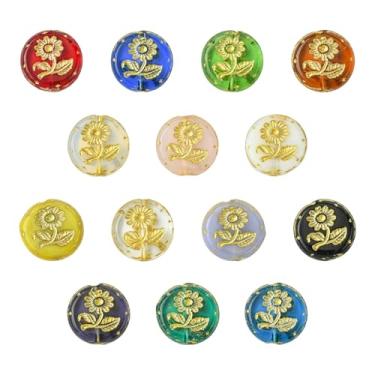 Imagem de UR URLIFEHALL 14 peças, 14 estilos de contas de vidro de flores, feitas à mão, planas, redondas, florais, espaçadoras para pulseira, colar, joias, artesanato, faça você mesmo