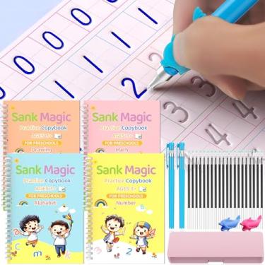 Imagem de WANFRES Grooved - 4 Cadernos Mágicos Infantis, Livros De Prática Escrita Para Crianças Em Idade Pré-Escolar 3 A 10 Anos E Iniciantes. 20 Refis, 2 Canetas (Com Material Treinamento), Suporte Lápis, 1