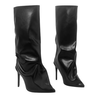 Imagem de Botas femininas de cano alto, bico fino, design de tubarão, salto alto, botas de couro preto, dobráveis, femininas, Preto, 38