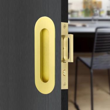 Imagem de gifsin Maçaneta oculta para porta de bolso deslizante, ferragens para porta de bolso de aço inoxidável 304, puxadores embutidos, puxador de borda resistente com puxador de anel pop-up (ouro, 12 cm)