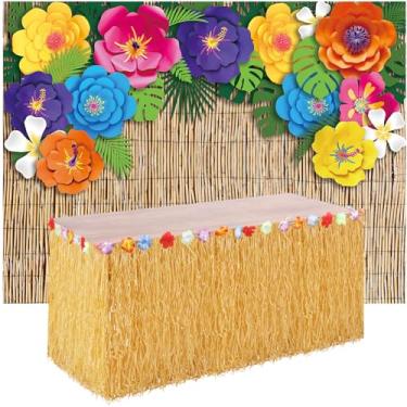 Imagem de VitalCozy Saia de mesa havaiana de 2,1 x 1,5 m para fotos de praia havaiana 277 x 73 cm, decoração de festa havaiana com flores tropicais naturais para eventos de festa na praia de Luau