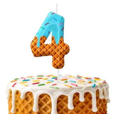 Imagem de Velas de aniversário de sorvete, decoração de topo de bolo de 6 cm, decorações de aniversário de velas número 4, decorações de bolo de festa de aniversário, suprimentos de festa