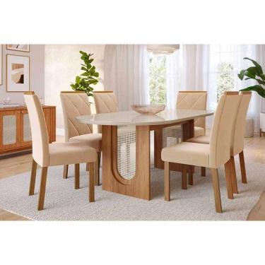 Imagem de Mesa Cozinha Valentina Tampo Madeirado Oval c/ Vidro 210x100cm e 6 Cadeiras Fernanda Cinamomo/Off White - Carvalho/Suede Nude Bege-Cimol