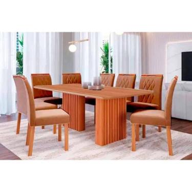 Imagem de Conjunto: Mesa Sala Jantar Ester Tampo Madeirado 210x100cm e 8 Cadeiras Juliana Cinamomo - Carvalho/Suede Joli Capuccino - Cimol