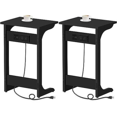 Imagem de TUTOTAK Mesa de canto em forma de C com estação de carregamento, conjunto de 2, mesa de sofá, bandeja de TV com 2 portas USB e tomadas, mesa lateral de sofá para espaços pequenos, sala de estar