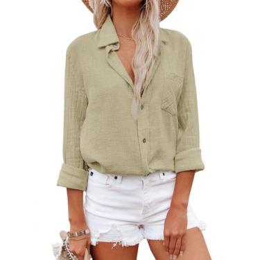 Imagem de Camisa feminina Aoudery de algodão com botões, manga comprida, cáqui c