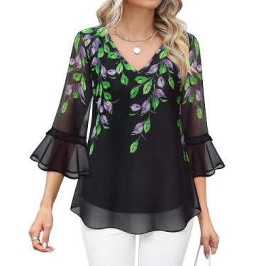 Imagem de Blusa feminina Bebonnie com babados, manga 3/4, decote em V, chiffon M